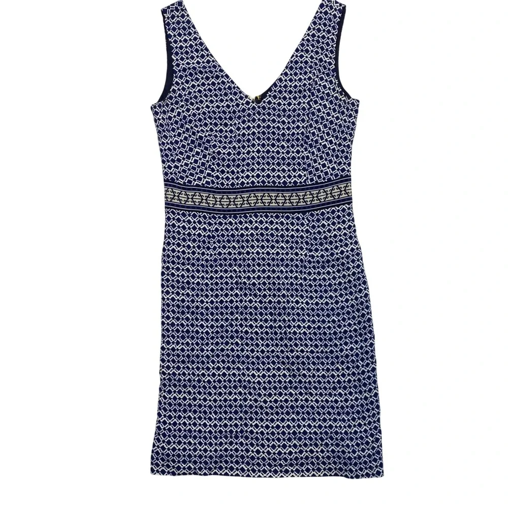 Tory Burch Navy‎ Blue White Geometric Tile V-Neck Sleeveless Shift Dress Size 8
